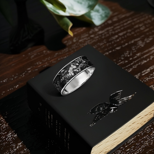 Night Garden Oxidized Sterling Silver Floral Band Ring
