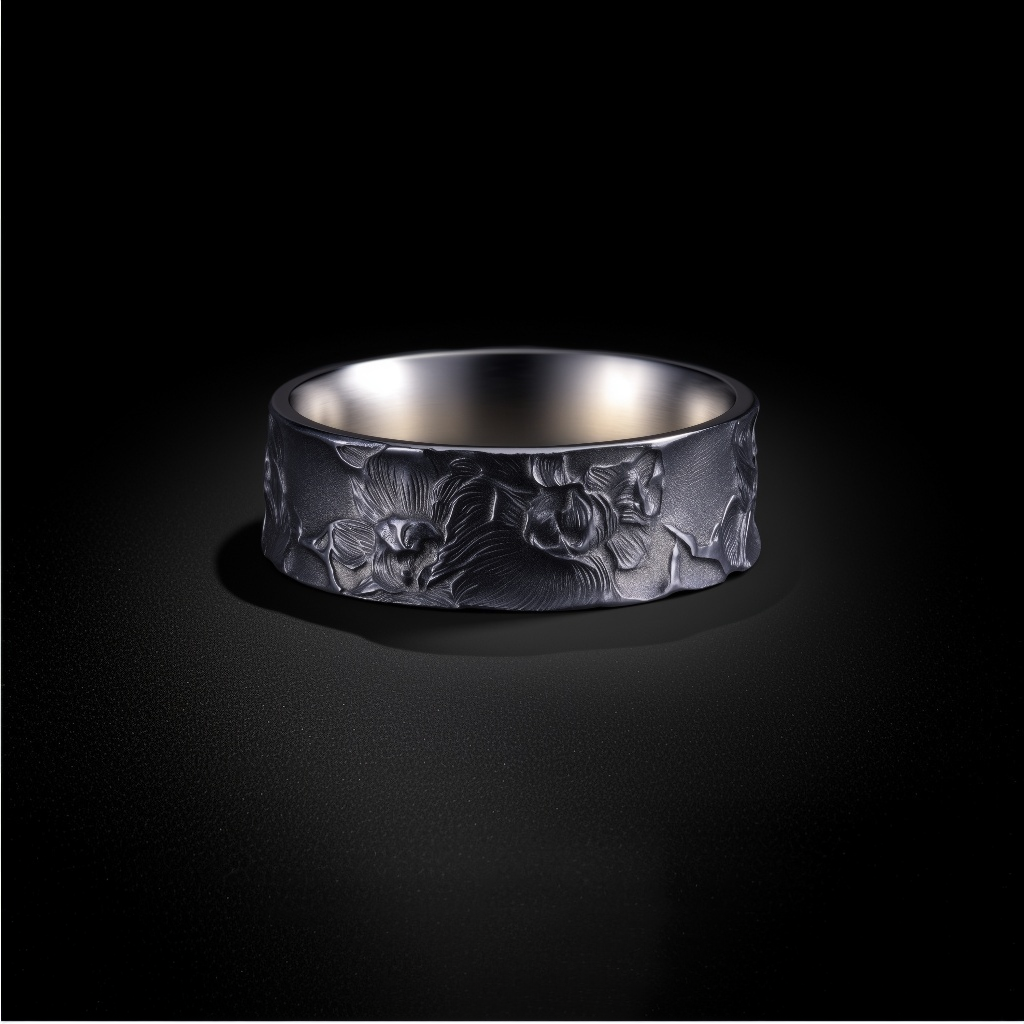 Midnight Flora Relief Band Silver Rings