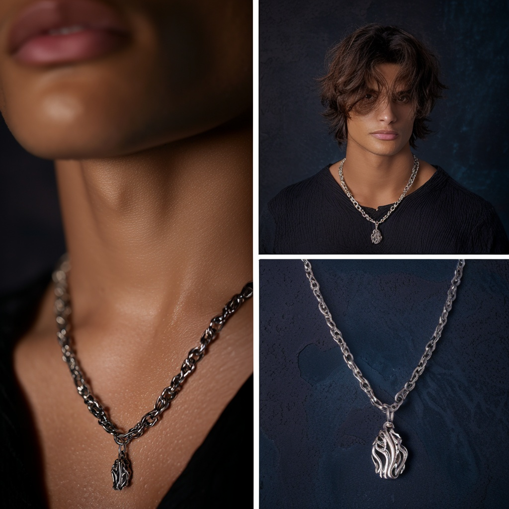 Ember Flow Necklace Silver Pendant on Braided Chain