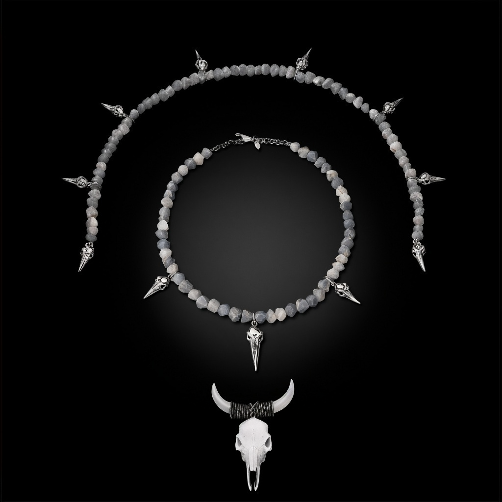 Raven Relic Beaded Necklace Silver &, Grey Gemstones
