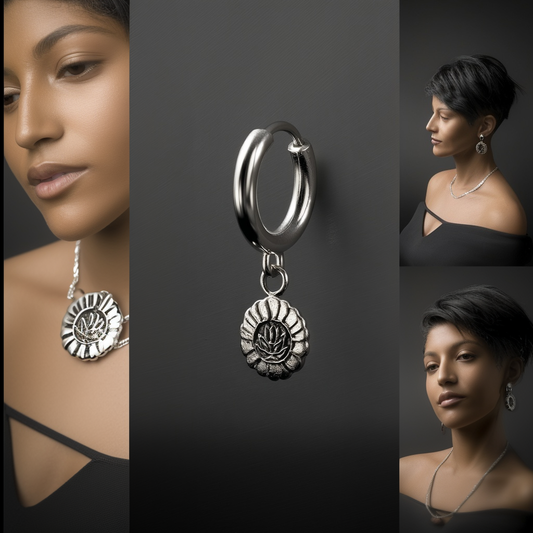 Gothic Lotus Coin Huggie Earrings