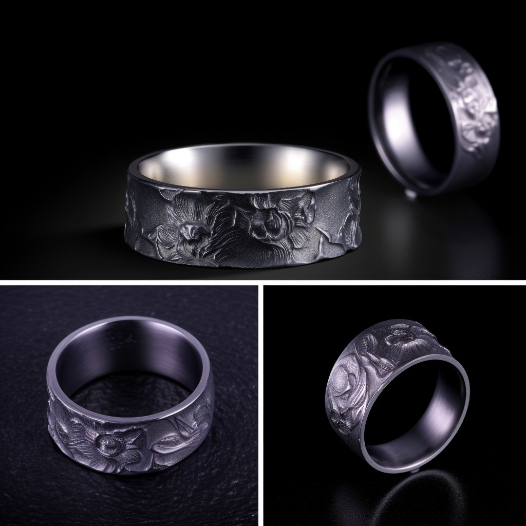Midnight Flora Relief Band Silver Rings