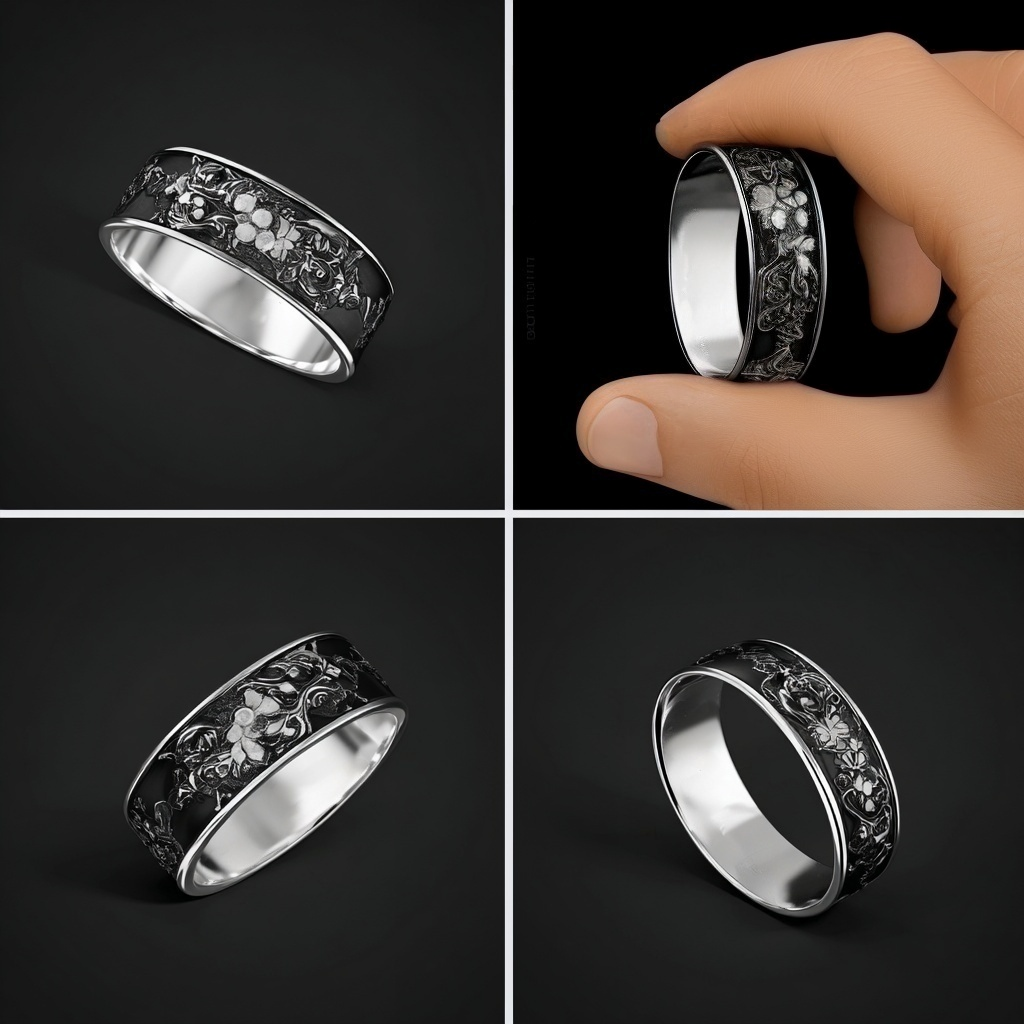 Night Garden Oxidized Sterling Silver Floral Band Ring