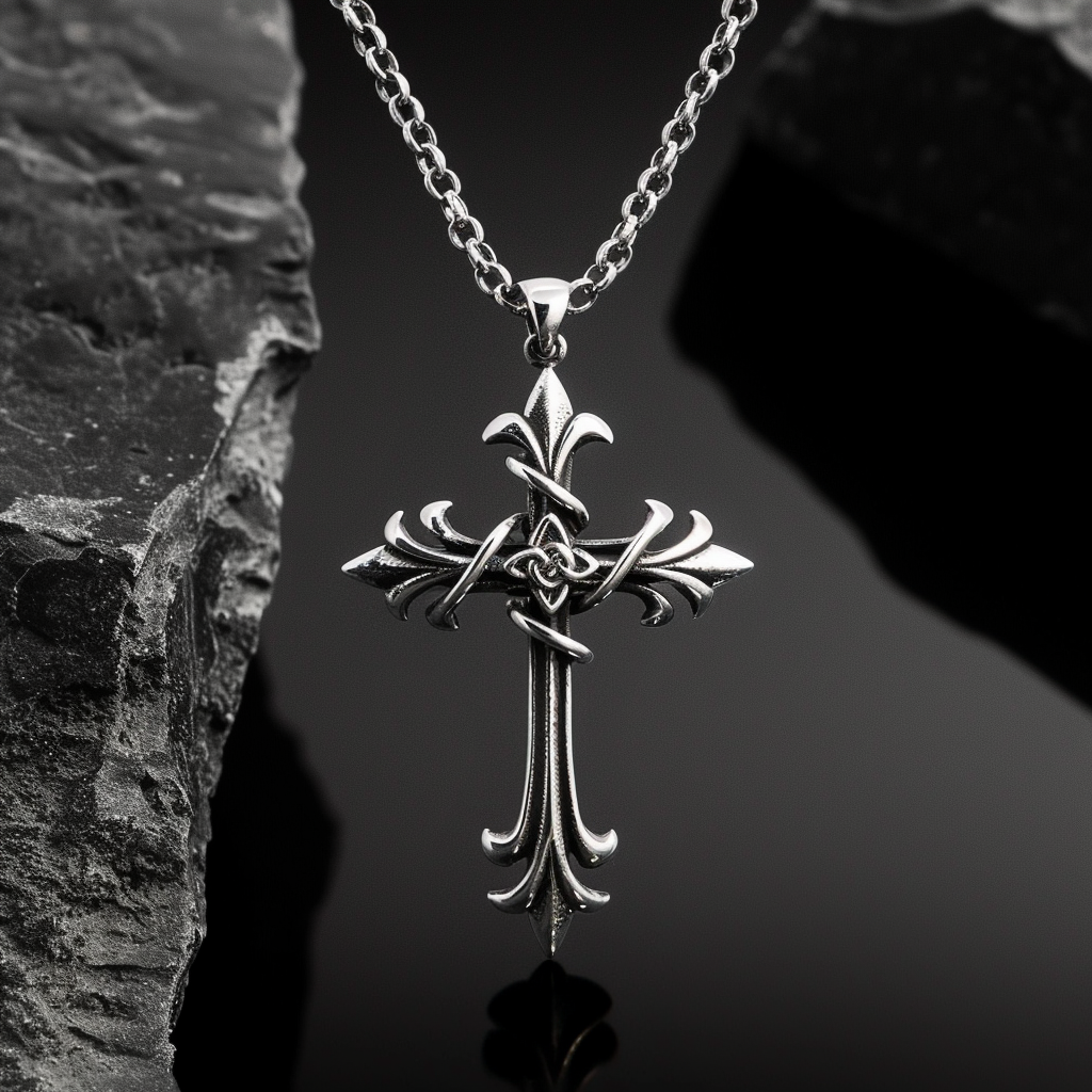Fleur de lis Gothic Cross Knot Silver Pendant