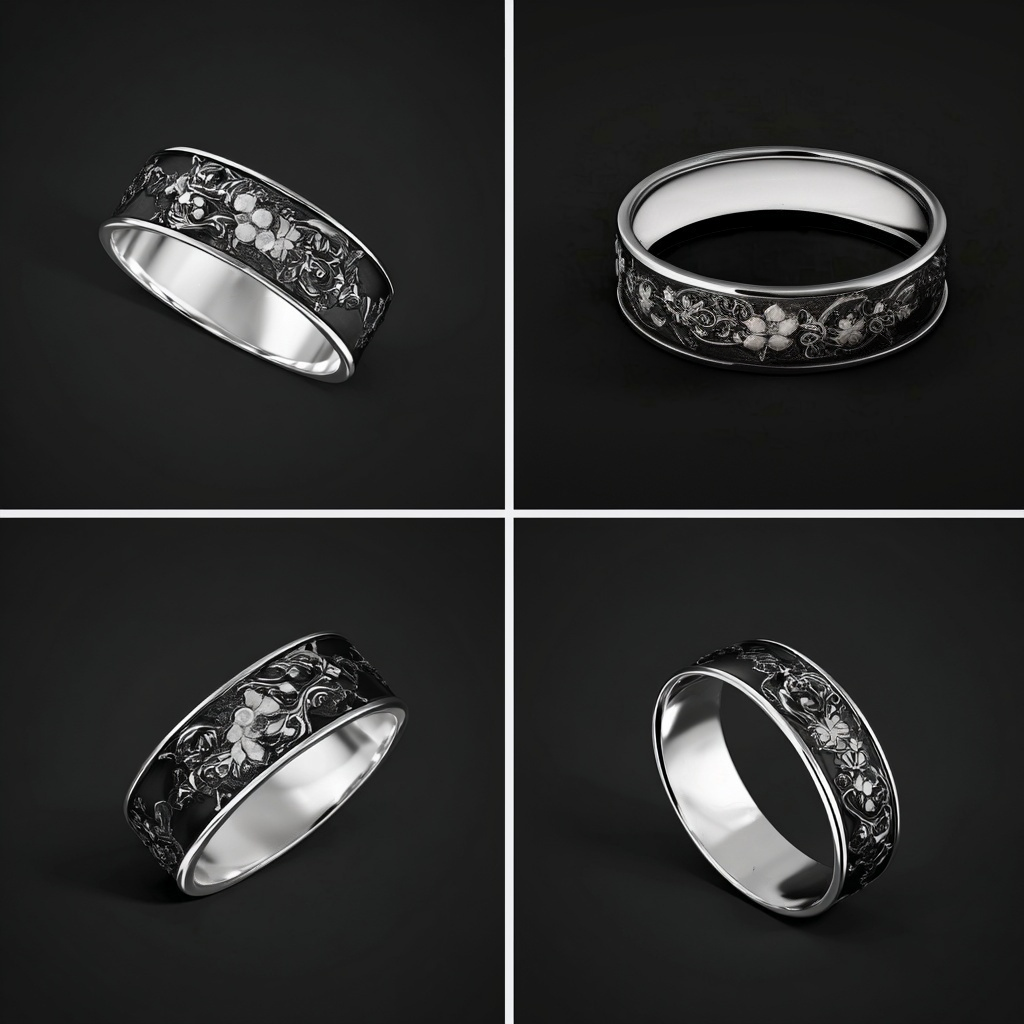 Night Garden Oxidized Sterling Silver Floral Band Ring