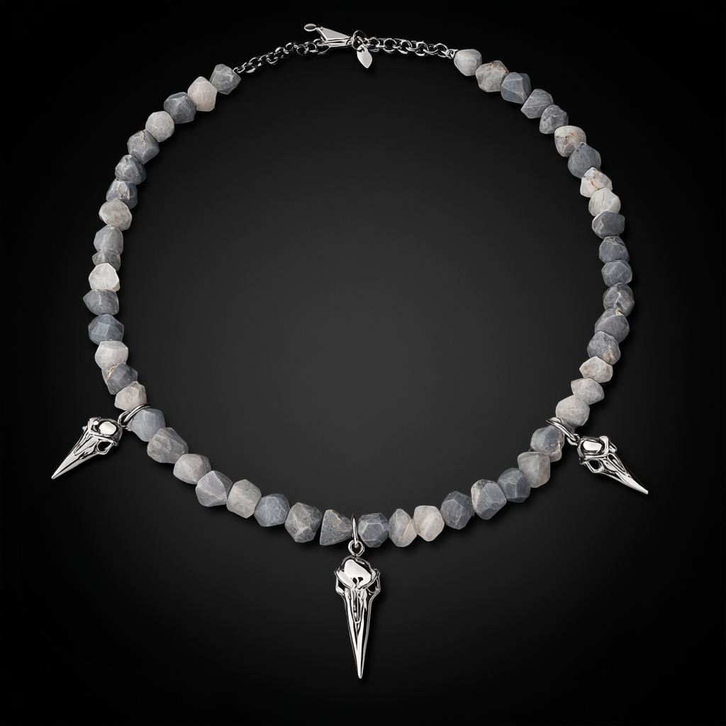 Raven Relic Beaded Necklace Silver &, Grey Gemstones