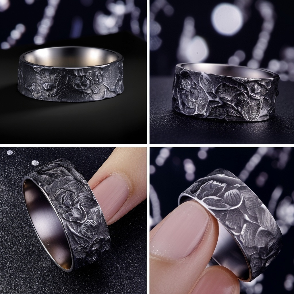 Midnight Flora Relief Band Silver Rings