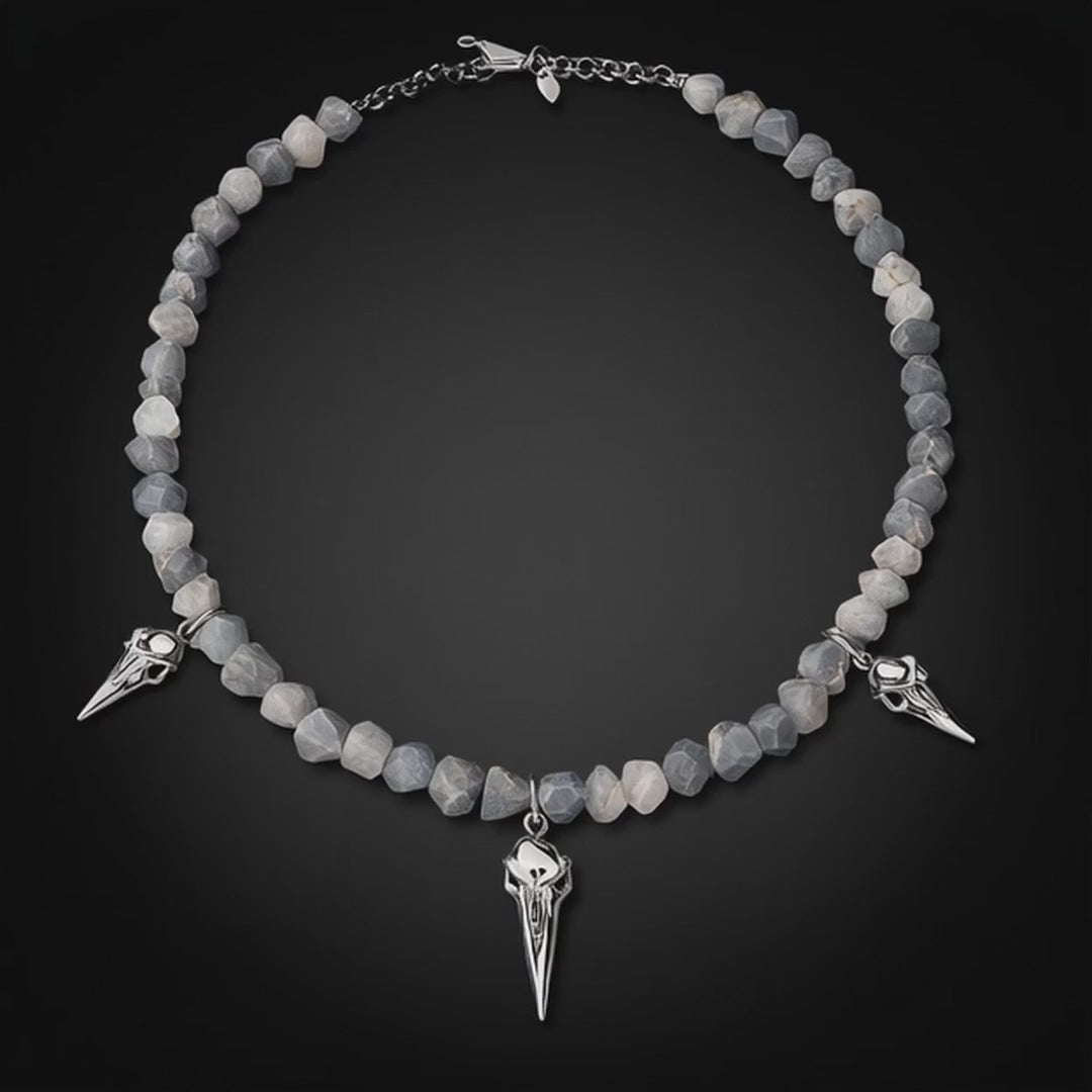 Raven Relic Beaded Necklace Silver &, Grey Gemstones